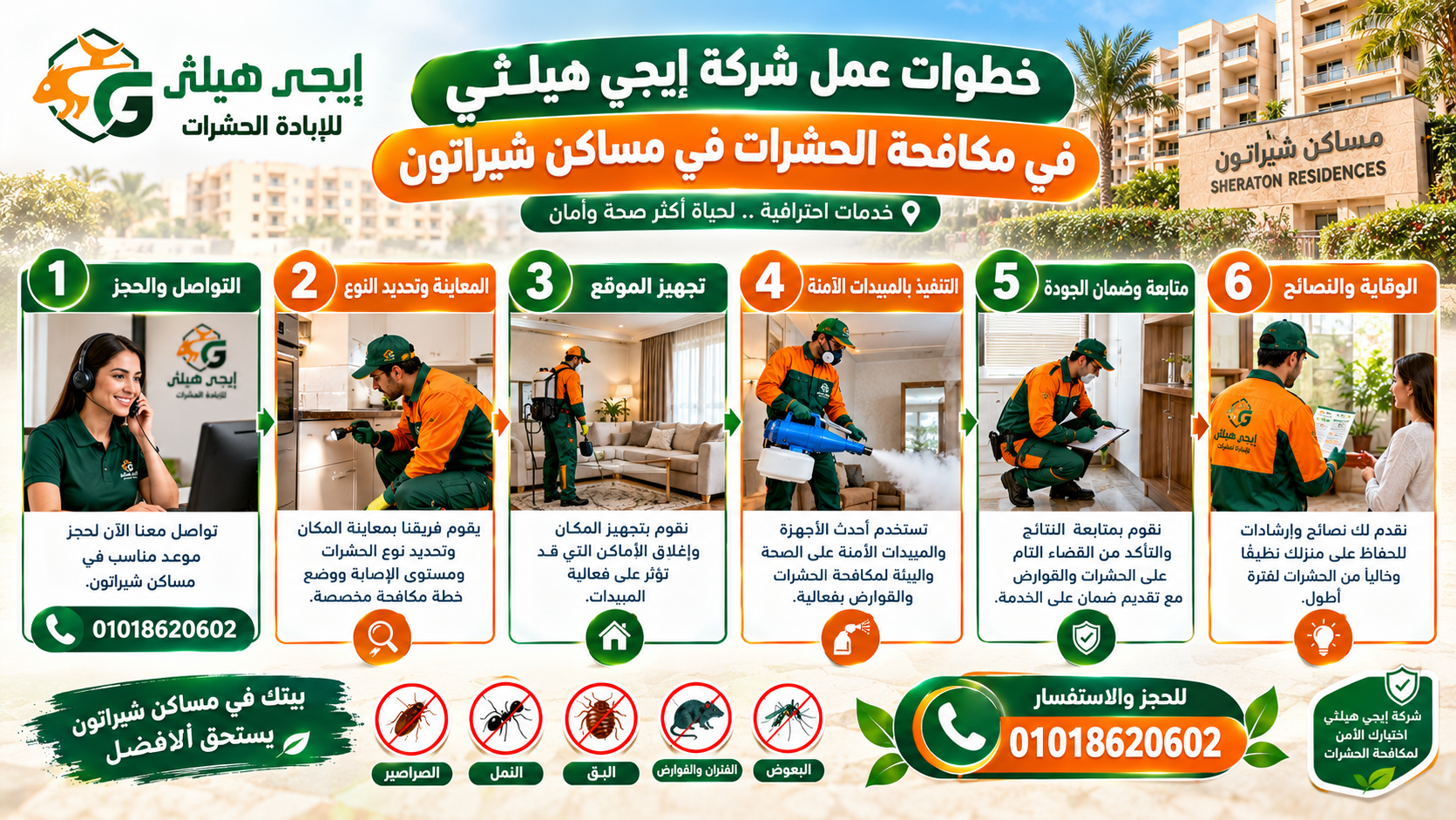 خطوات عمل شركة إيجي هيلثي في مكافحة الحشرات في مساكن شيراتون